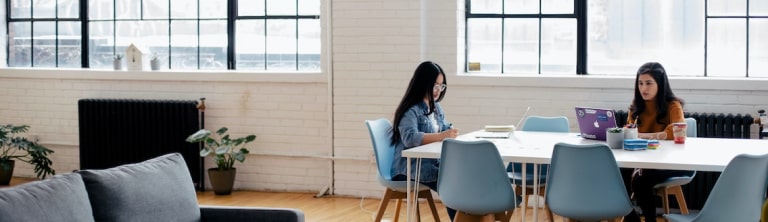 Two women sit at a white table with laptops and notebooks in a bright, modern room with large windows, light wood floors, blue chairs, and plants.