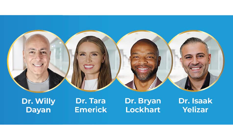 Group of orthodontists in circles against blue background