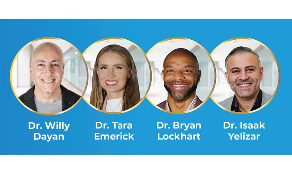 Group of orthodontists in circles against blue background
